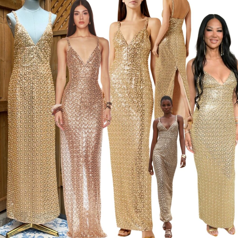 🆕 BRONX & BANCO 🧿 NWOT Allegra Gold Sequin & Beaded Maxi Dress, Sz L US 8
